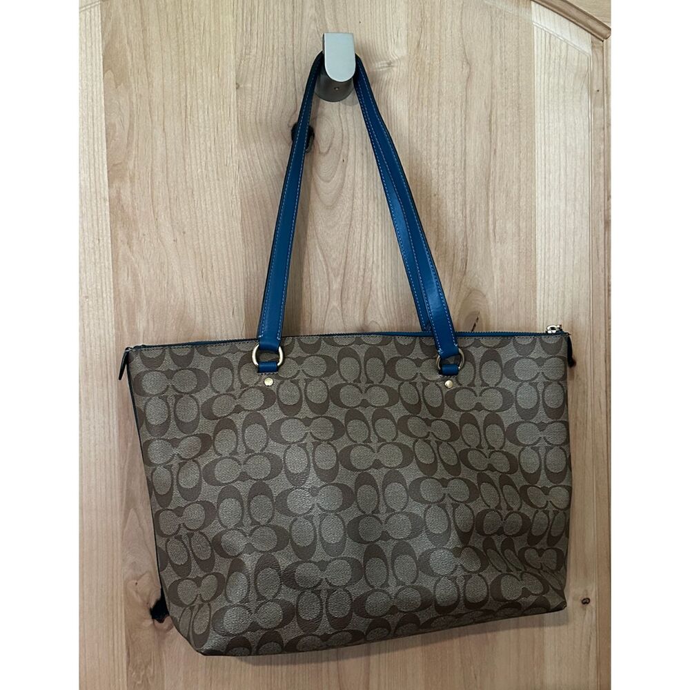 Coach Signature Tote Bag Brown Monogram Blue Trim Tote Bag EUC - Picture 2 of 6